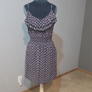 ELLE Black Purple Medallion Print Ruffle Midi Dress | Size L | Spaghetti Strap |